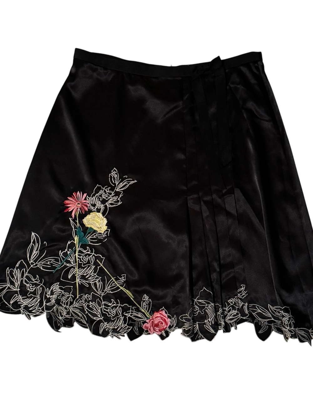 Vertigo Paris silk A-Line Skirt with Embroidered Pink & Yellow Flowers